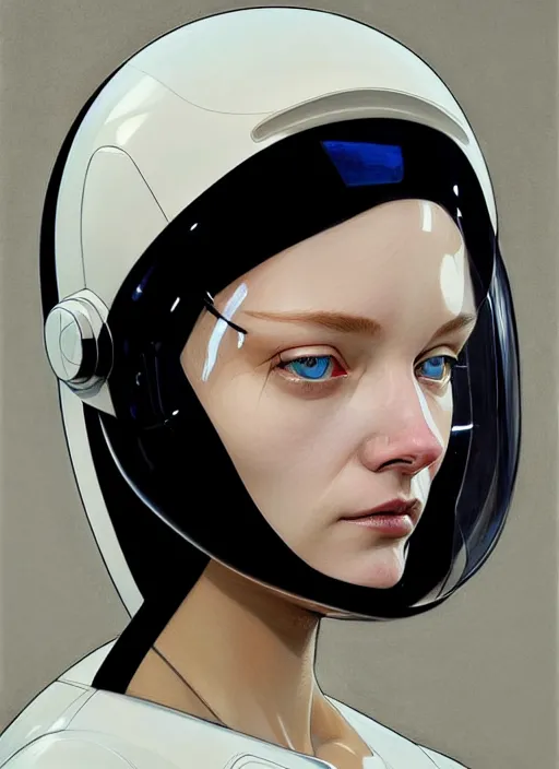 Prompt: artwork by james jean and Phil noto; a close up on the face of a beautiful woman in a future space suit; wearing futuristic astronaut helmet; highly detailed; pretty eyes; circular black pupils; artwork by james jean and Phil noto