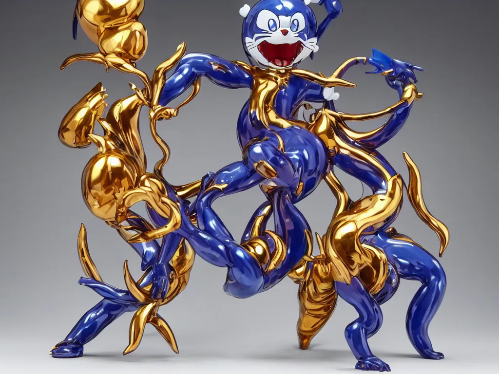 Image similar to Jeff Koons Doraemon Dorami Street Sharks Venom Galaxy Rangers Fractal Dragon statue, in the style of Hajime Sorayama, Max Fleischer, Boris Vallejo