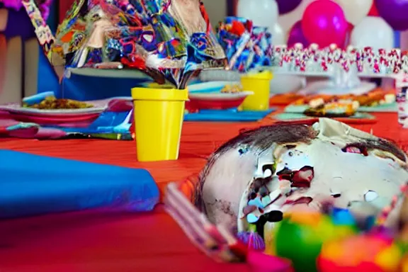 Prompt: a dead body on the table at a kids birthday party