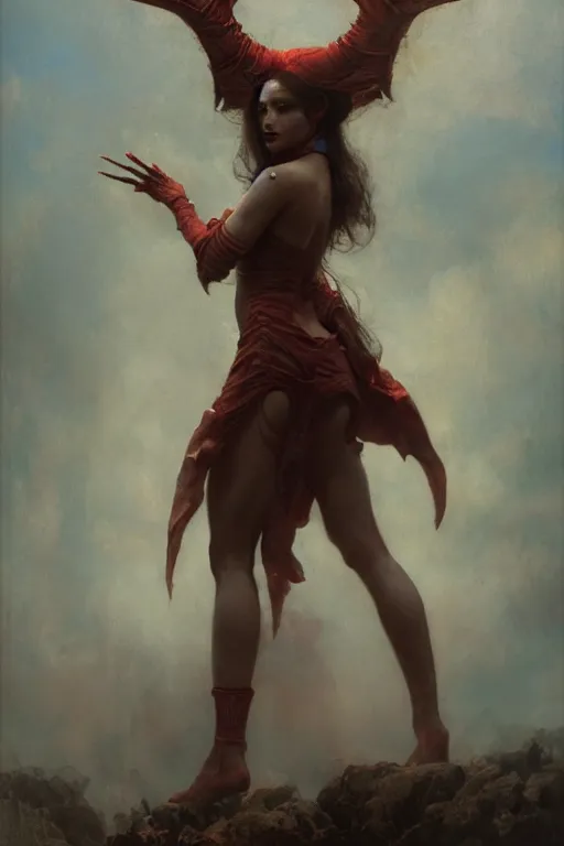 Image similar to a full body portrait of devil demon girl wearing devil clothes, high detail, cleary see face, by gaston bussiere, bayard wu, greg rutkowski, odd nerdrum, maxim verehin, dan dos santos, masterpiece, sharp focus, cinematic lightning