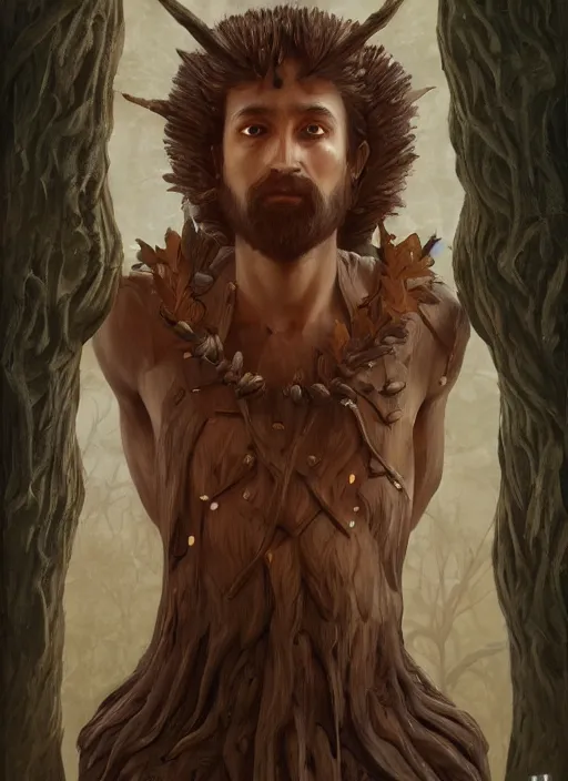 Image similar to a fantasy character portrait of a man made of wood, a wooden man of the forest, pagan god, symmetry, highly detailed digital painting, trending on artstation, art by edmund blair leighton and phil hale and ilya repin and charlie bowater