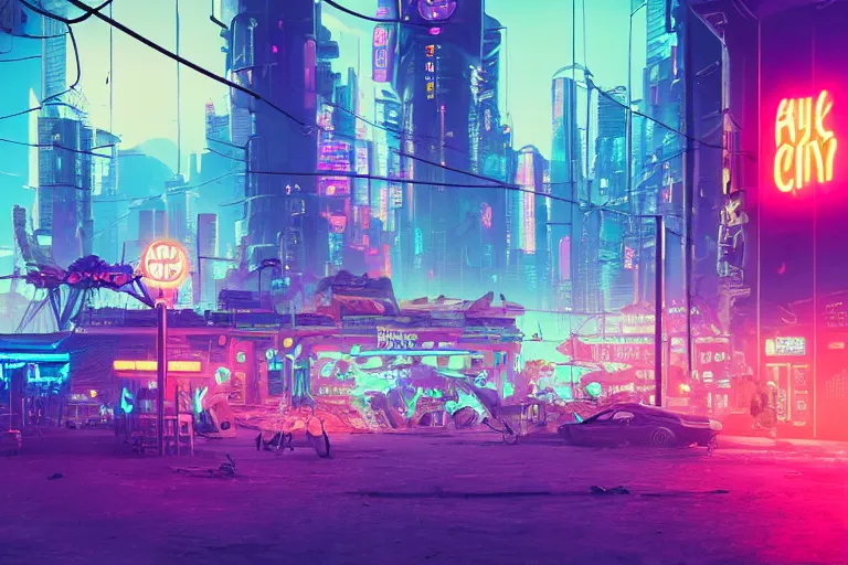 Image similar to a dreamlike cyberpunk city sit in the very far future, neon signs, shops and bars, floating buildings, glowing neons, synthwave, slightly abstract, rich deep colors, 4 k, realistic photography, flying cars in the distance, robot humanoids, anthropomorphic vehicles, fantasy setting, brilliant dreamy lighting, 8 0 s vibe, morning, blue sun