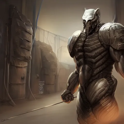 Image similar to a musclebound anthropomorphized horse with mountainous, bulging muscles, wearing a tight kevlar battle outfit in a corridor of a facility, equine, anthro art, furaffinity, highly detailed, digital painting, artstation, sharp focus, game art, concept art, illustration, art by artgerm, greg rutkowski, wlop