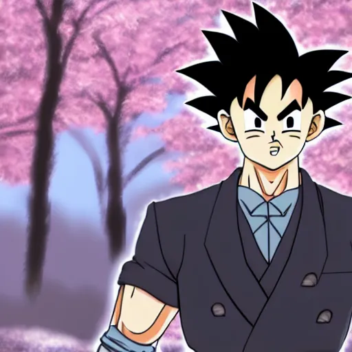 Image similar to highly detailed photo of goku wearing black tuxedo standing in front of sakura trees, anime concept art, symmetrical face, smiling, clear nose, highly detailed, 8 k