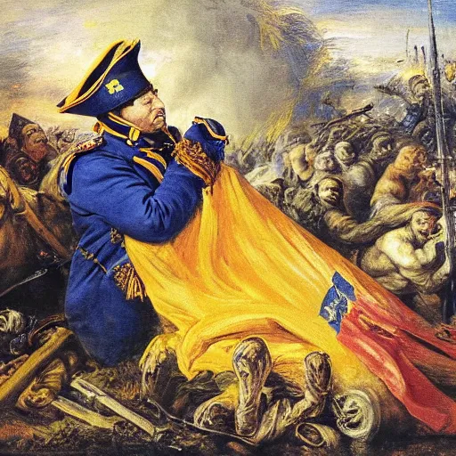 Prompt: Volodymyr Zelensky at war, dressed like Napoleon Bonaparte, sitting on the ground between dead corpses and weeping, holding a half burnt blue and yellow flag of Ukraine, sharp focus, in the style of Peter Paul Rubens