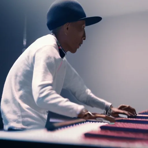 Image similar to cinematic film still of Pharrell Williams Making A Beat with an anthropomorphic alien, Japanese VFX, 2018, 400mm lens, f1.8, shallow depth of field,film photography