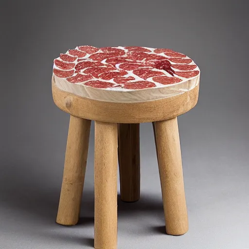 Prompt: a round bench made of salami, studio photography, 5 0 mm