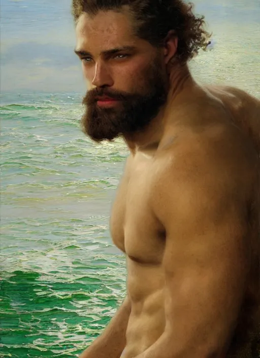 Prompt: detailed cinematic wide shot of muscular attractive young mulatto man beard slim face symmetrical face tanskin green eyes white hair wearing sea clothes, ultra realistic, spring light, painting by gaston bussiere, craig mullins, j. c. leyendecker