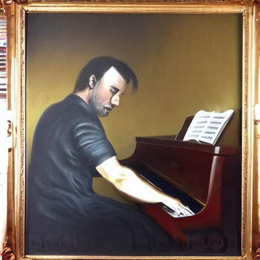 Image similar to 3 0 years old man playing piano, oil painting, front facing, medium dark skin