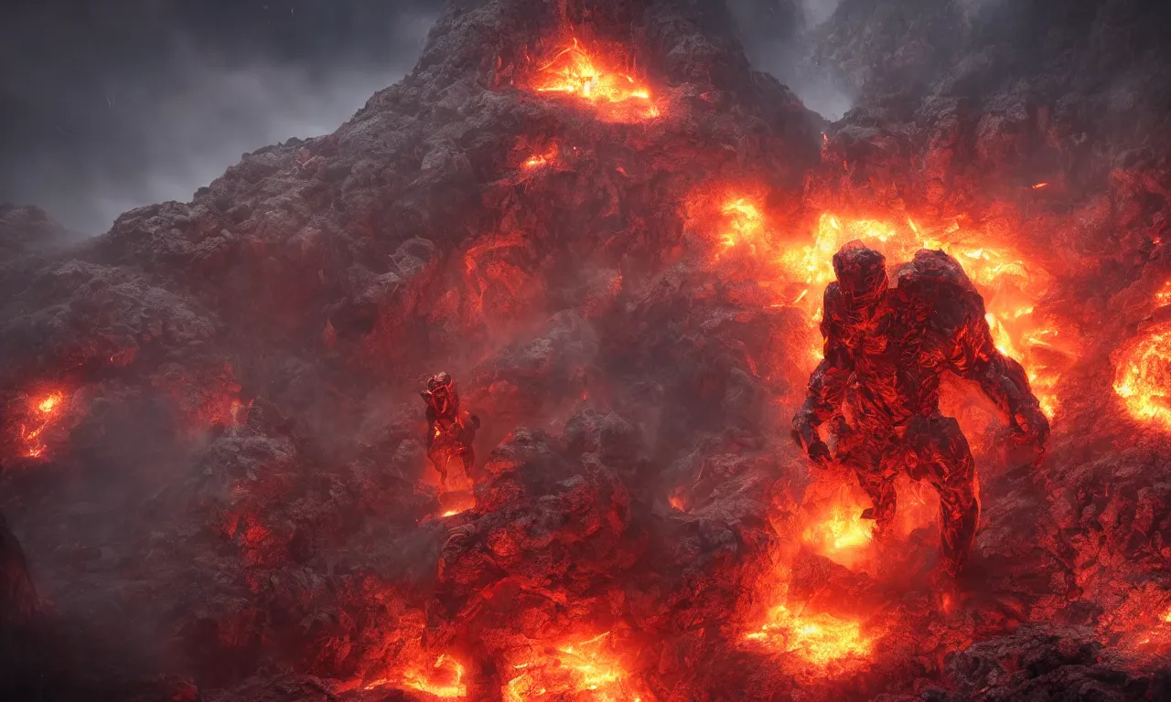 Image similar to a fire golem emerging from the crater of a volcano surrounded by the police and the army, dramatic effects, epic composition, large scale, octane render, digital art, sharp focus, 8k trending on artstation, action pose