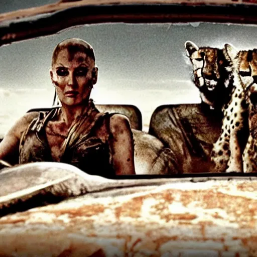 Prompt: a film still from the movie mad max fury road of the anthropomorphic cheetah raiders driving around in the post apocalyptic wasteland