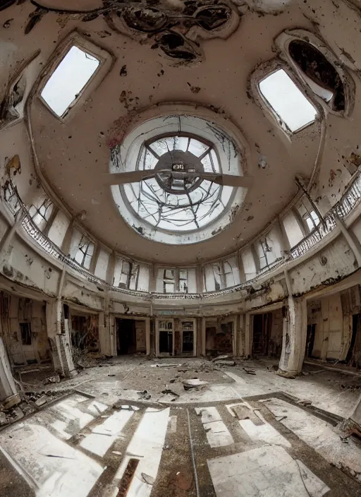 Image similar to fisheye view interior of a abandoned school with ghots flying around, mysticism, art style by kim jung gi karl marx greg rutkowski ghibli, au naturel, hyper detailed, digital art, trending in artstation, cinematic lighting, studio quality, smooth render, unreal engine 5 rendered, octane rendered