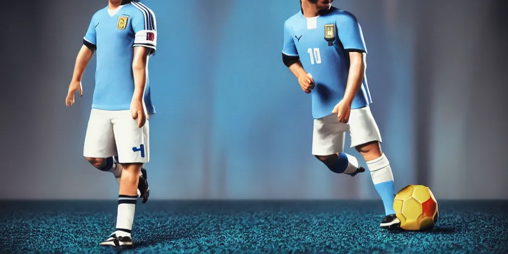 Image similar to funko of maradona with big head, argentina t - shirt, smile, no beard, stand with a ball under his left foot, max resolution, high contrast, cinematic, light cinematic, volumetric, realistic, cinematic lighting, octane render, hyper realistic