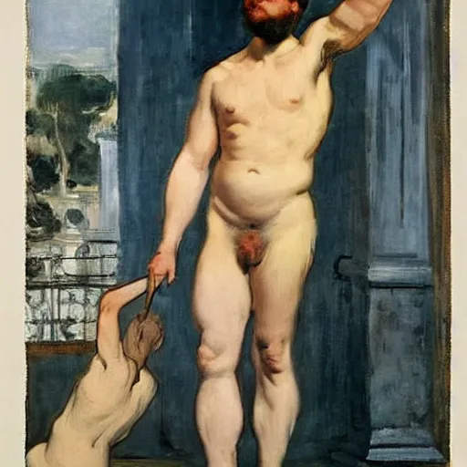 Prompt: Olympia by Édouard Manet, but as a muscular man