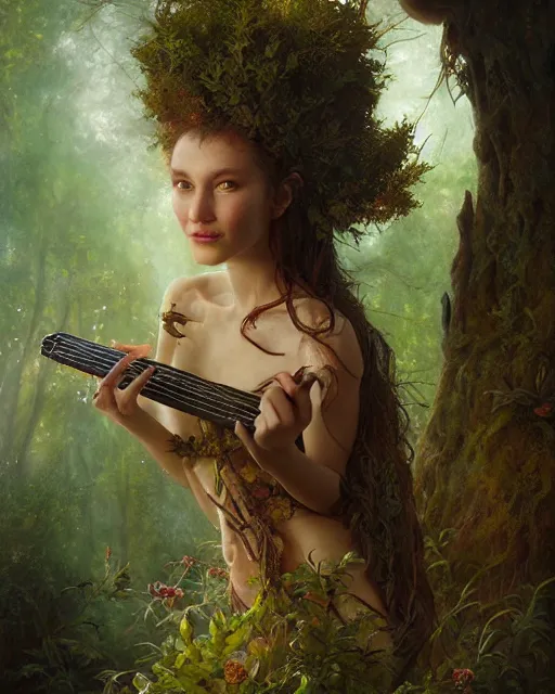 Image similar to dryad musician, portrait, with forest creatures, studio lighting by jessica rossier and brian froud and gaston bussiere