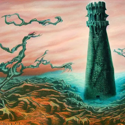 Image similar to the weird Wizard and his quest to topple the wicked tower, surrealist landscape painting