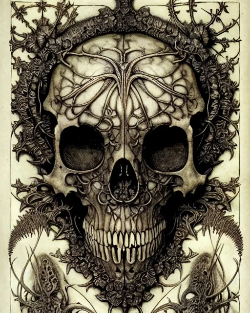 Image similar to memento mori by arthur rackham, art forms of nature by ernst haeckel, exquisitely detailed, art nouveau, gothic, ornately carved beautiful skull dominant, intricately carved antique bone, art nouveau botanicals, ornamental bone carvings, art forms of nature by ernst haeckel, horizontal symmetry, arthur rackham, ernst haeckel, symbolist, visionary