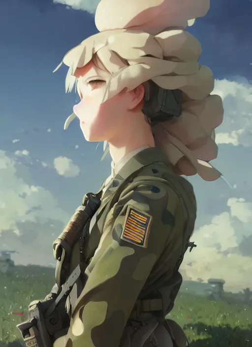 Image similar to portrait of cute soldier girl, cloudy sky background lush landscape illustration concept art anime key visual trending pixiv fanbox by wlop and greg rutkowski and makoto shinkai and studio ghibli and kyoto animation soldier clothing military gear realistic anatomy pale skin