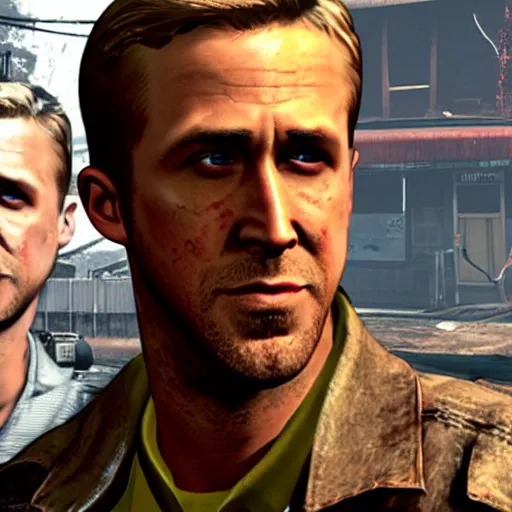 Image similar to ryan gosling in fallout 4 is wearing a raider costume