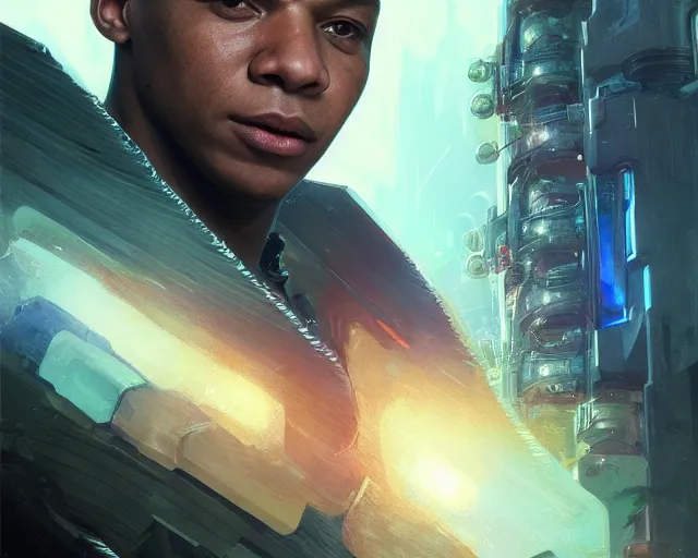 Image similar to man mbappe with cyberpunk implants, deep focus, d & d, fantasy, intricate, elegant, highly detailed, digital painting, artstation, concept art, matte, sharp focus, illustration, hearthstone, art by artgerm and greg rutkowski and alphonse mucha