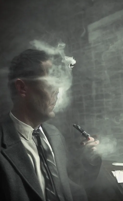 Image similar to private detective in film noir movie scene, office, smoking tobacco, dark, greg rutkowski, 8 k, shallow depth of field, intricate detail, concept art,