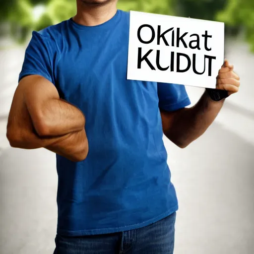Prompt: stock photo of a man holding a sign that says OKBUDRETARD, realistic, detailed image, HDR, HDD, Clear Image, RTX ON, C 10.0