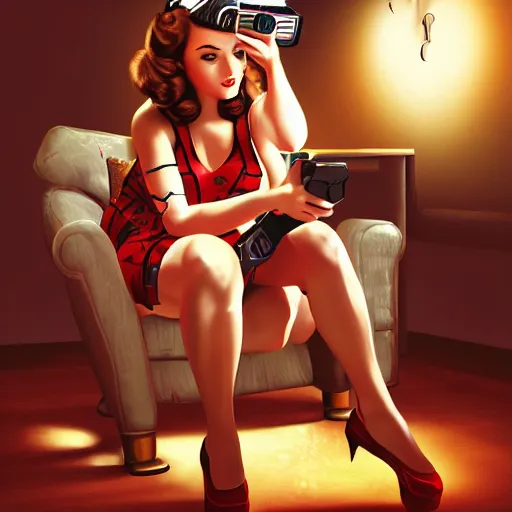 Prompt: a pin up woman playing a videogame, front view, digital art, photoshop, dark lighting, couch