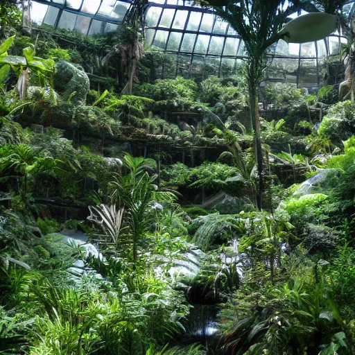 miles wide biodome interior, lush vista, giant tree in