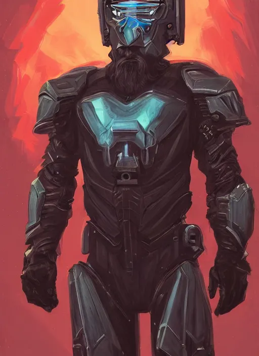 Image similar to Portrait of John Brown from Torrington with a long beard wearing futuristic power armor, fantasy, intricate, highly detailed, digital painting, trending on artstation, sharp focus, illustration, style of Stanley Artgerm and Dan Mumford