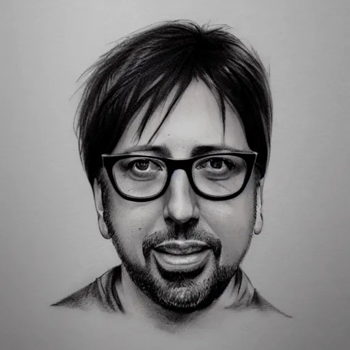 Prompt: tattoo sketch of ray romano in glasses holding a fish, realistic face, hyper realistic, in the style of greg rutkowski, amazing detail, epic, intricate, elegant, smooth, sharp focus