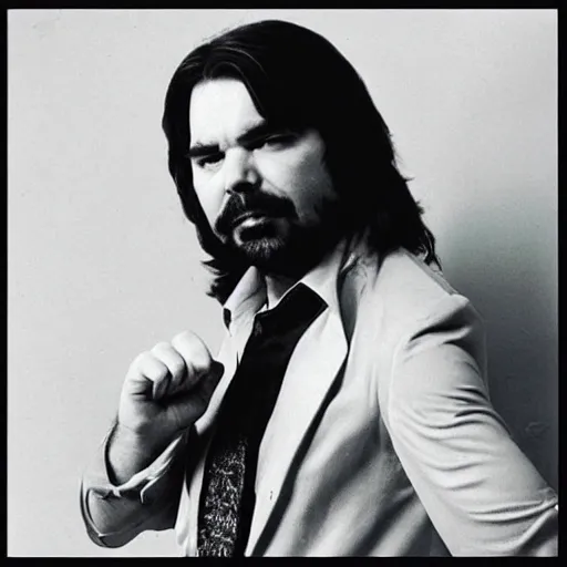 Image similar to 70s album art of Matt Berry posing seductively