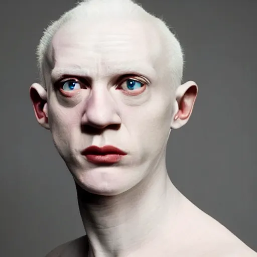 Image similar to color photo of albino weirdo philosopher man, shaved eyebrows, thin lips, jimmy durante nose, pale skin, realistic, high detail, high quality, award - winning lighting, trending on pinterest