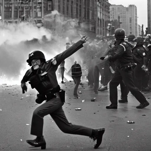 Image similar to a young man throwing a rabbit at a riot cop, leica m 9, voigtlander 3 5 mm, 1 9 6 0 s