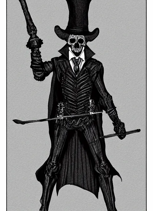 Image similar to DND character art, skeletal male figure, wearing a deep black suit!!! and tie and top hat, holding a gold! cane!. blue!!! flames!!