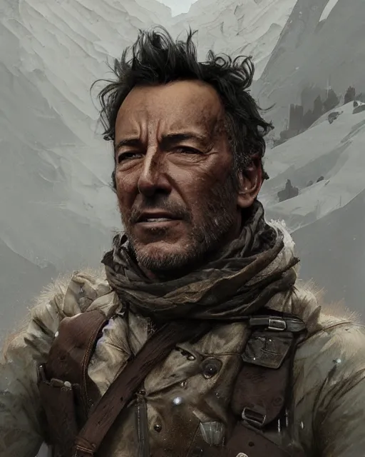 Prompt: A full portrait of Bruce Springsteen as a handsome post apocalyptic nordic explorer, intricate, elegant, highly detailed, digital painting, artstation, concept art, smooth, sharp focus, illustration, art by Krenz Cushart and Artem Demura and alphonse mucha