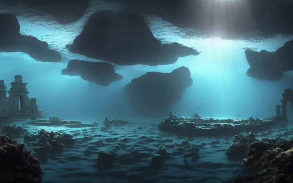 Image similar to wide shot, submerged pre - incan temple, dark, grenada underwater sculpture park, bubbles, abyss, stylized, anime style mixed with fujifilm, detailed gouache paintings, crepuscular rays, dark, murky, foggy, atmospheric, artstation, cgsociety, octane render, cgi, unreal engine 5, denoise, cinematic masterpiece