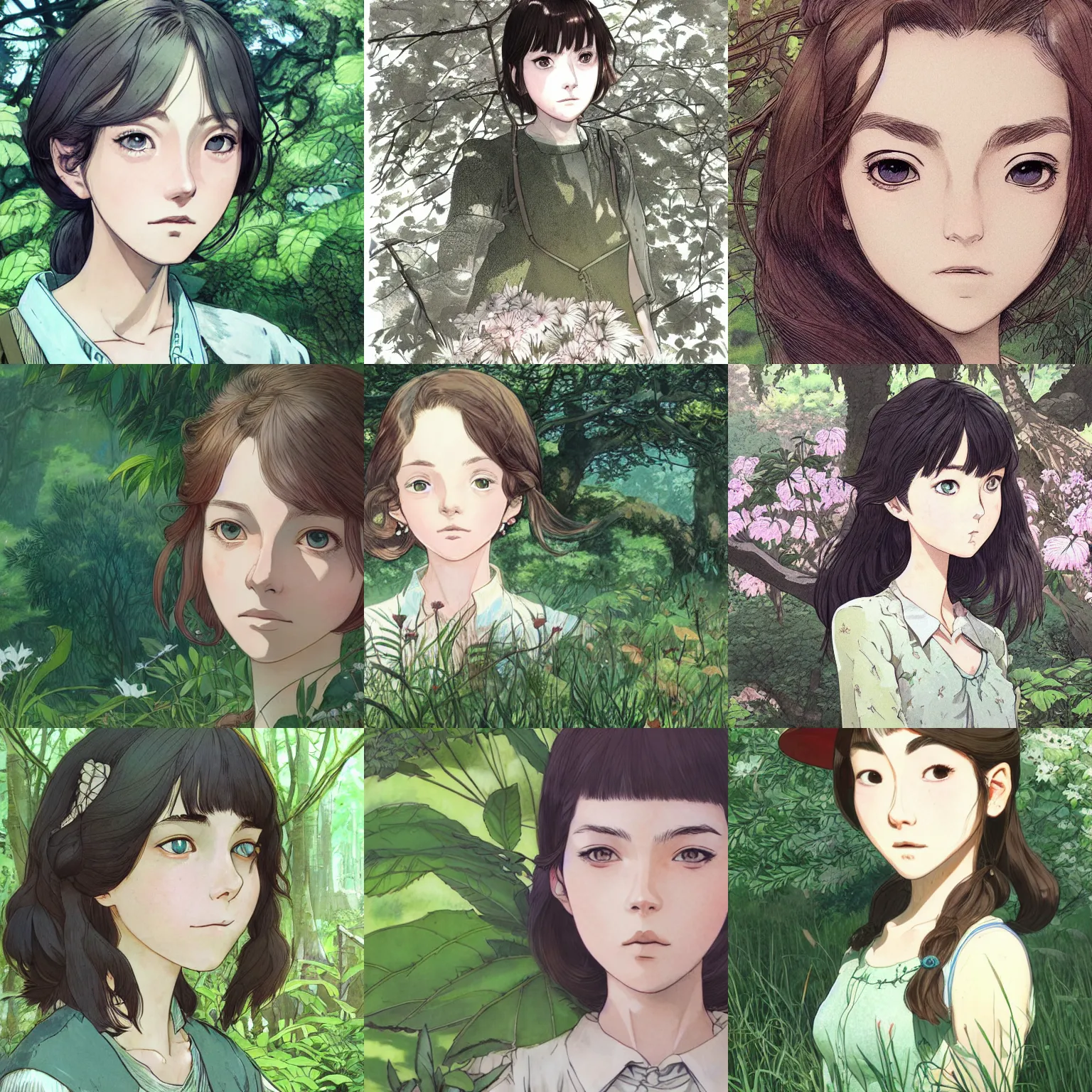 Prompt: Character portrait of a young woman in a lush park, beautiful face, large eyes, highly detailed, cel shading, Studio Ghibli still, by Akihiko Yoshida