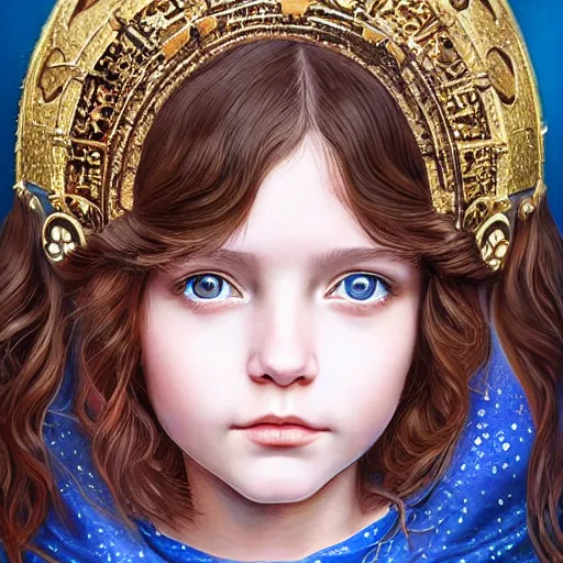 Prompt: a little girl with short wavy curly light brown hair and blue eyes, a space empress in byzantine style. beautiful highly detailed face, painting by ilya kuvshinov and raymond swanland