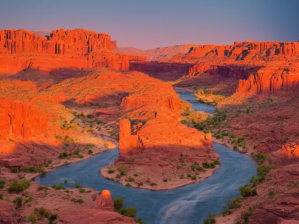 Image similar to “a river running through a canyon surrounded by desert mountains at sunset, moab, utah, a tilt shift photo by Frederic Church, trending on unsplash, hudson river school, photo taken with provia, national geographic photo, tilt shift”