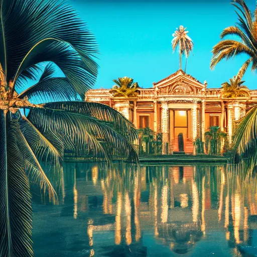 Image similar to a ultradetailed beautiful photo of the amazonas palace, trending on artstation, mediterranean, palm trees, light sparkles, sharp focus, soft light, 8 k 4 k