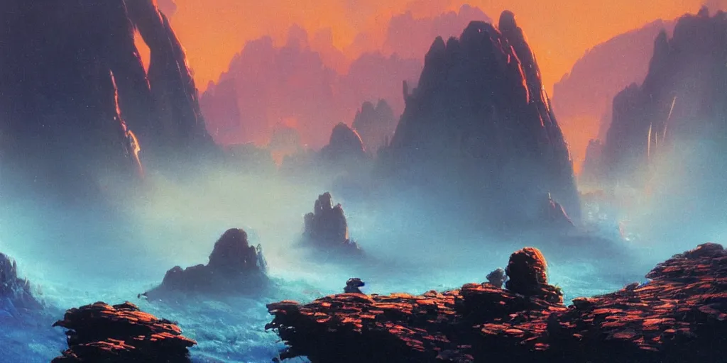 Image similar to ”rising from a round pool while being chased by tentacles, rugged alien planet with rocks, mountains in the background in a blue fog, side-view, [epic, cinematic, establishing shot, far, paul lehr, rutkowski]”