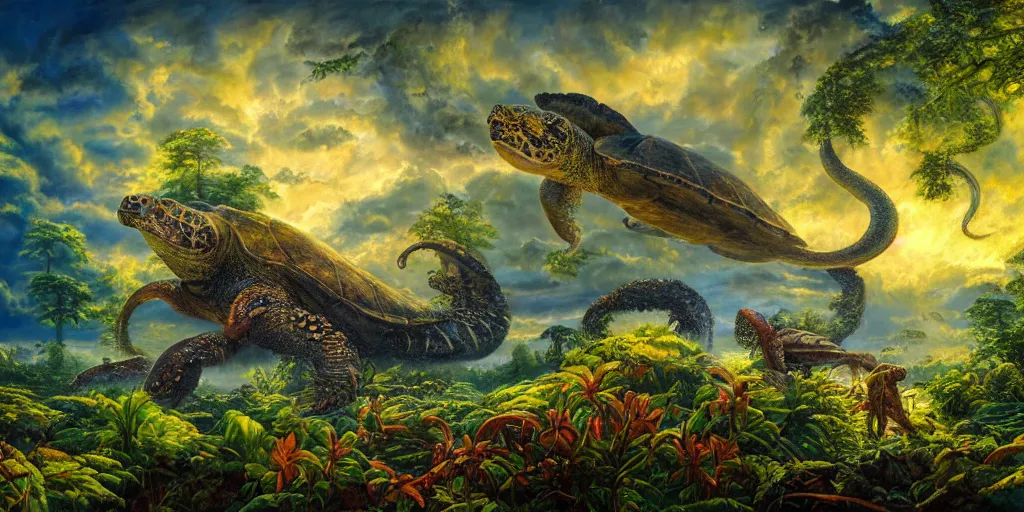 Prompt: fantasy oil painting, great leviathan, turtle cephalopod terrapin reptilian pachyderm amphibian hybrid, rainforest mountains, lush plants flowers, epic natural light, bright clouds, luminous sky, aircraft, outer worlds, bright cinematic key lighting, michael cheval, michael whelan, vray, 8 k hd