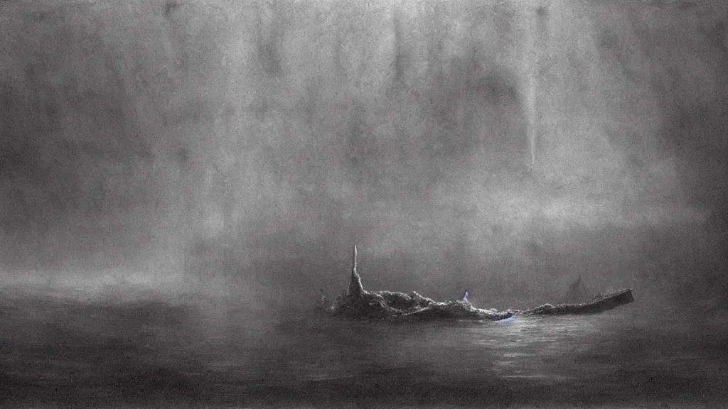 Image similar to environment under the ocean, a huge monster of the deep emerges out of the darkness of the deep ocean waters to attack a small submarine, Beksiński, horror, eerie lighting, god rays