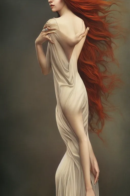 Image similar to ultra realist soft painting of a single beautiful female in a full long curvy slim dress, thin long auburn hair, symmetry accurate features, very intricate details, volumetric lighting, by Tom Bagshaw