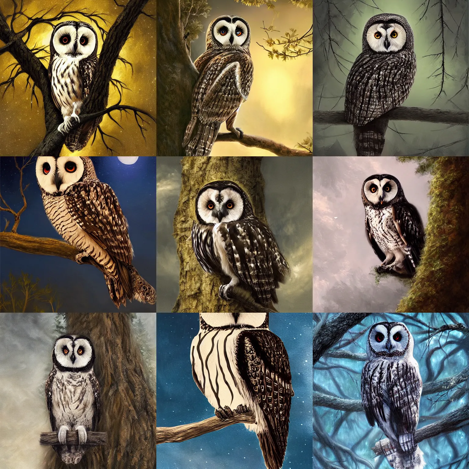 Prompt: a hooded owl in a tree at night, realistic painting, classical painting, high definition, digital art, matte painting, very detailed, realistic