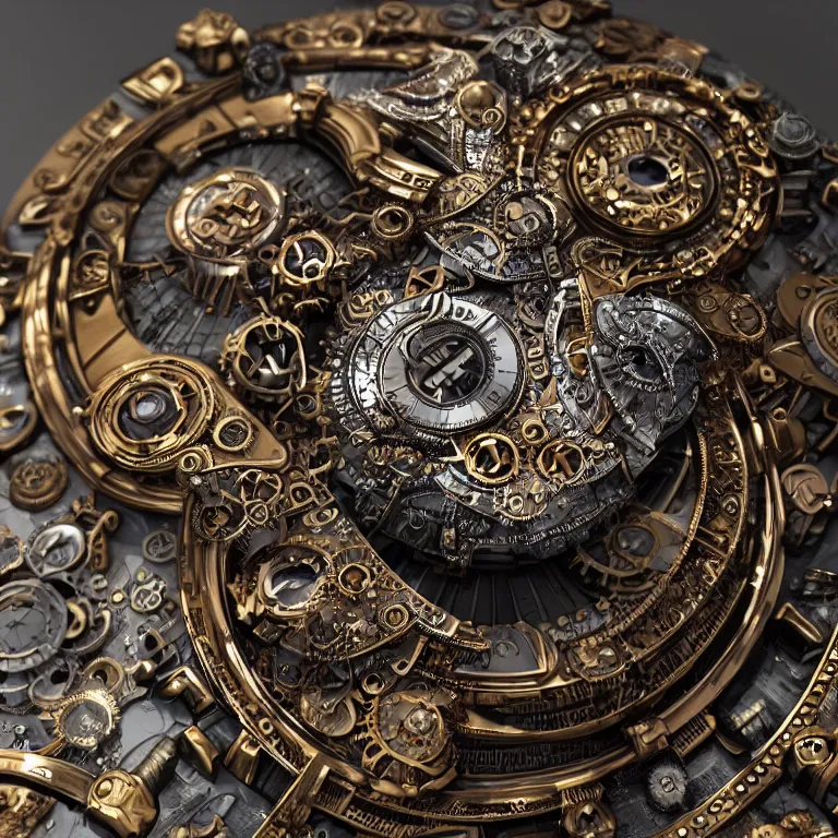 Image similar to A steampunk fox head with sparkling eyes made from ornate engraved full plate armor and Rolex gears and jewels and gems, macro shot by Justin Gerard, unreal engine, detailed, intricate, physically based rendering