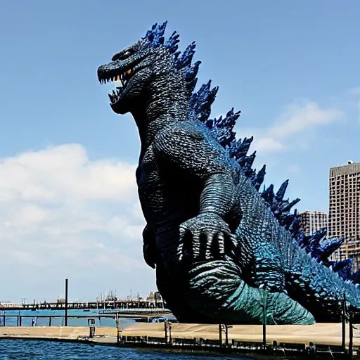 Image similar to godzilla resting in navy pier, chicago after destroying the city