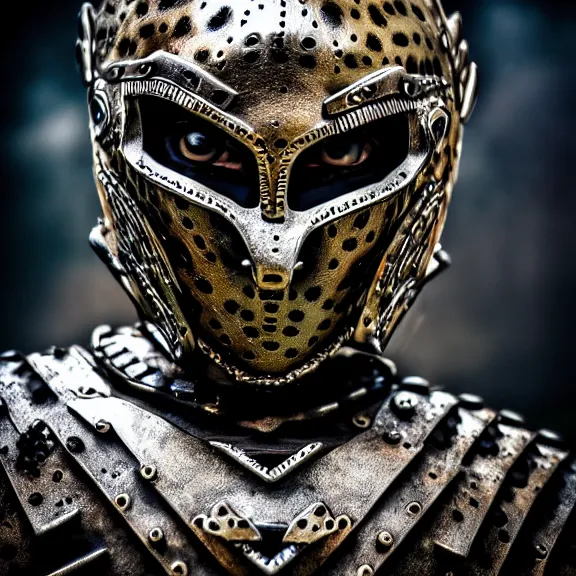 Image similar to photo of a warrior with metal jaguar theme armour, 4 k, hdr, smooth, sharp focus, high resolution, award - winning photo