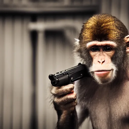 Image similar to realistic photo, a monkey holding a gun dressed as a cowboy, post apocalyptic city, award winning photograph, photograph 5 5 mm