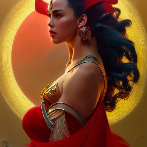 Image similar to catriona gray as darna, volumetric lights, red and cyan theme, art nouveau botanicals, intricate, highly detailed, digital painting, artstation, concept art, smooth, sharp focus, cinematic, illustration, beautiful face, art by artgerm and greg rutkowski and alphonse mucha